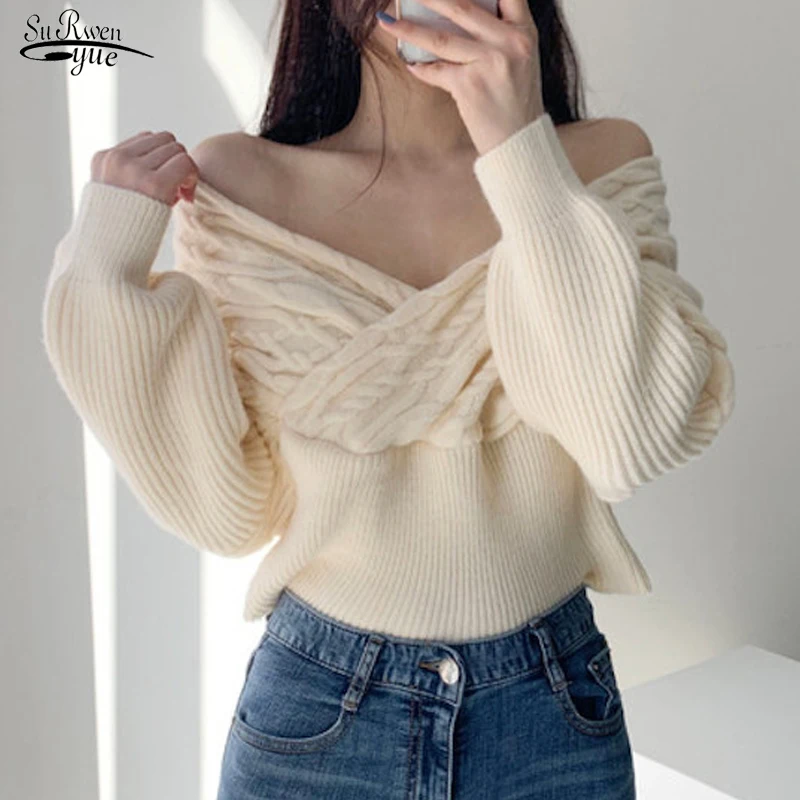 

Knitted Chic Twist Slim Loose Pullover Korean Fashion Cross V-neck Sexy Sweater Fashion Office Soft Casual Tops Pull Femme 17852