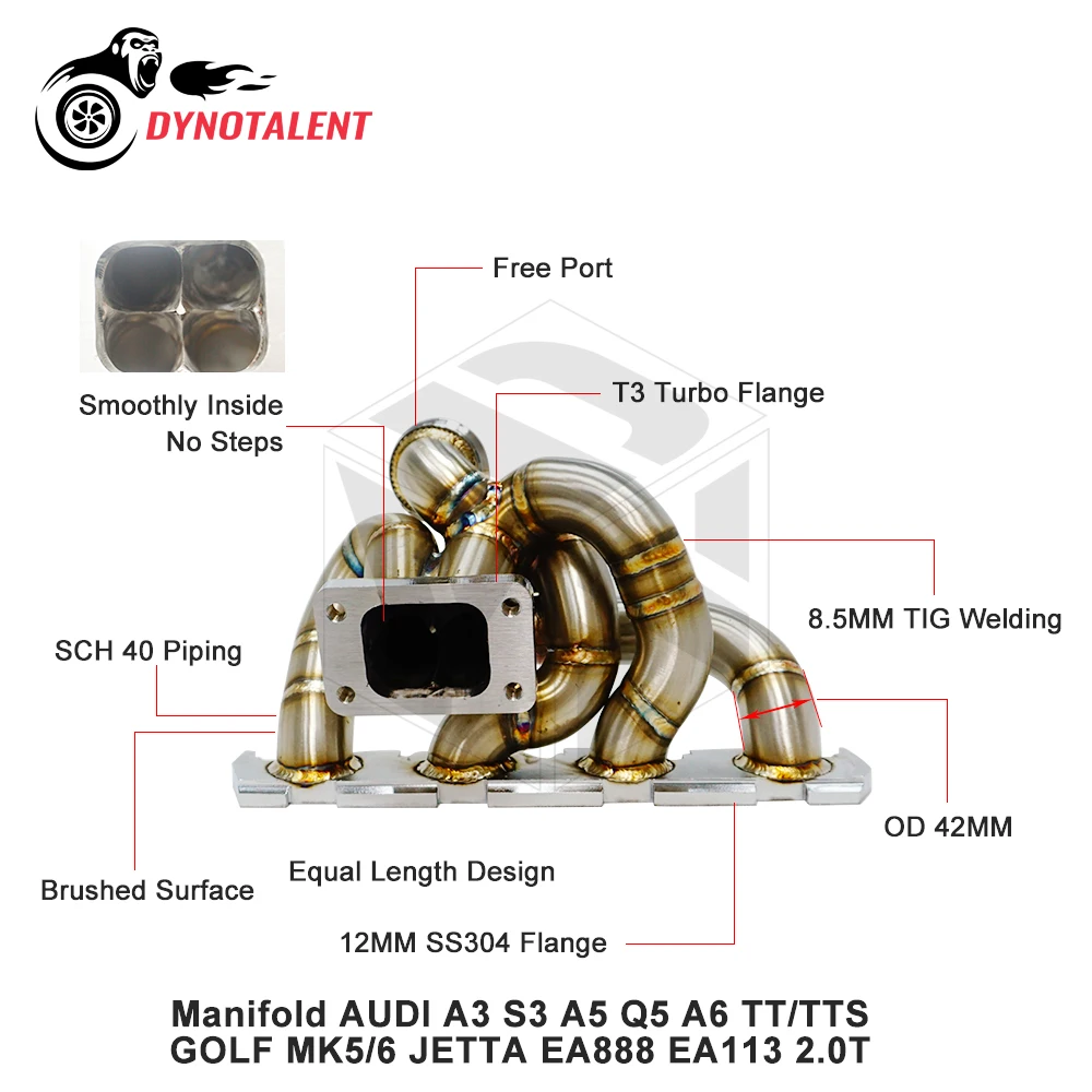 

DYN RACING 3 мм толщиной SS304 T3 турбоколлектор для AU DI A3 S3 A5 Q5 A6 TT/TTS GO LF MK5/6 JET TA EA888 EA113 2,0 T