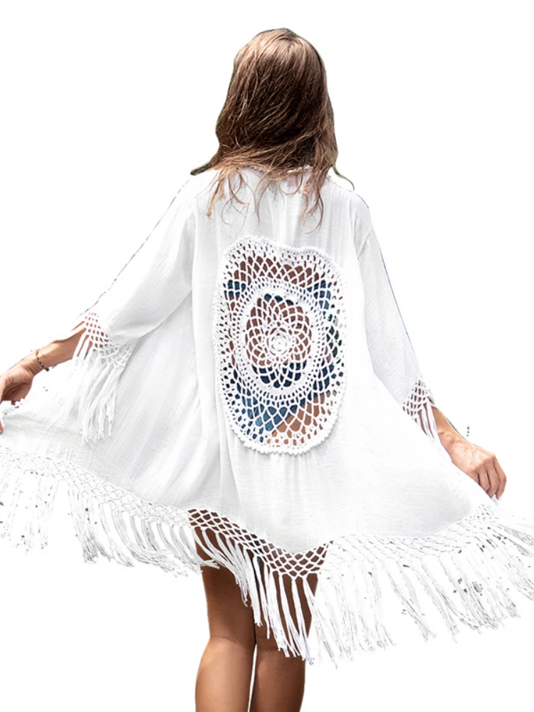 

Модное белое вязаное крючком платье с кисточками, женская накидка, пикантное кимоно с вырезом на спине, новый пляжный купальный костюм, пляж...