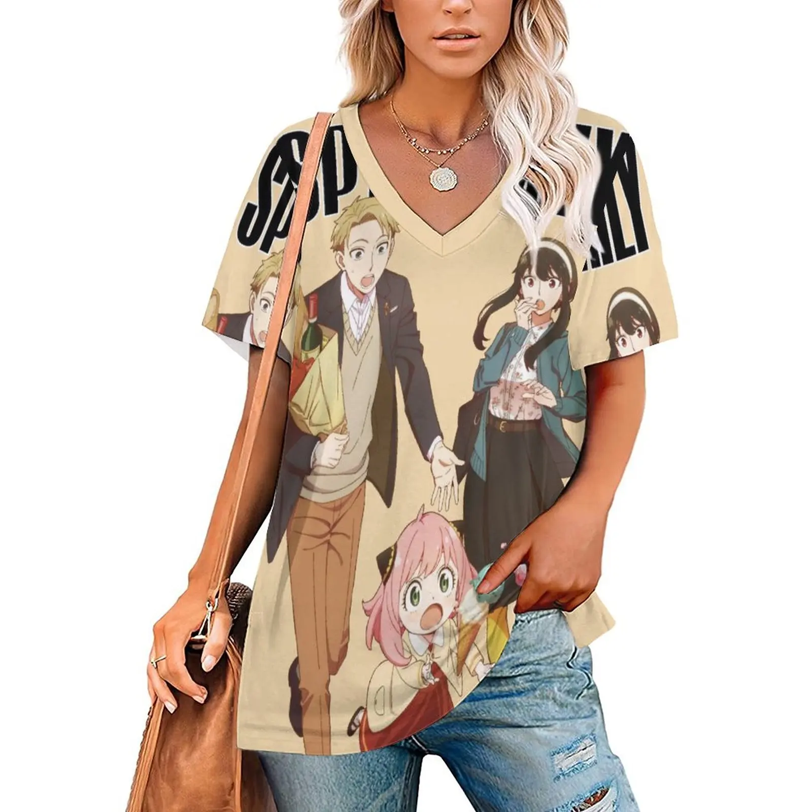 

V Neck Short-sleeve Women Shirt Printed Spy X Family 1 3D Women Print T-shirt