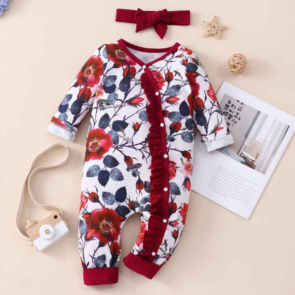 

Baywell Infant Romper With Headband For Newborn Baby Girls Clothes Floral Printed Jumpsuit Side Placket Spring Romper Clothes