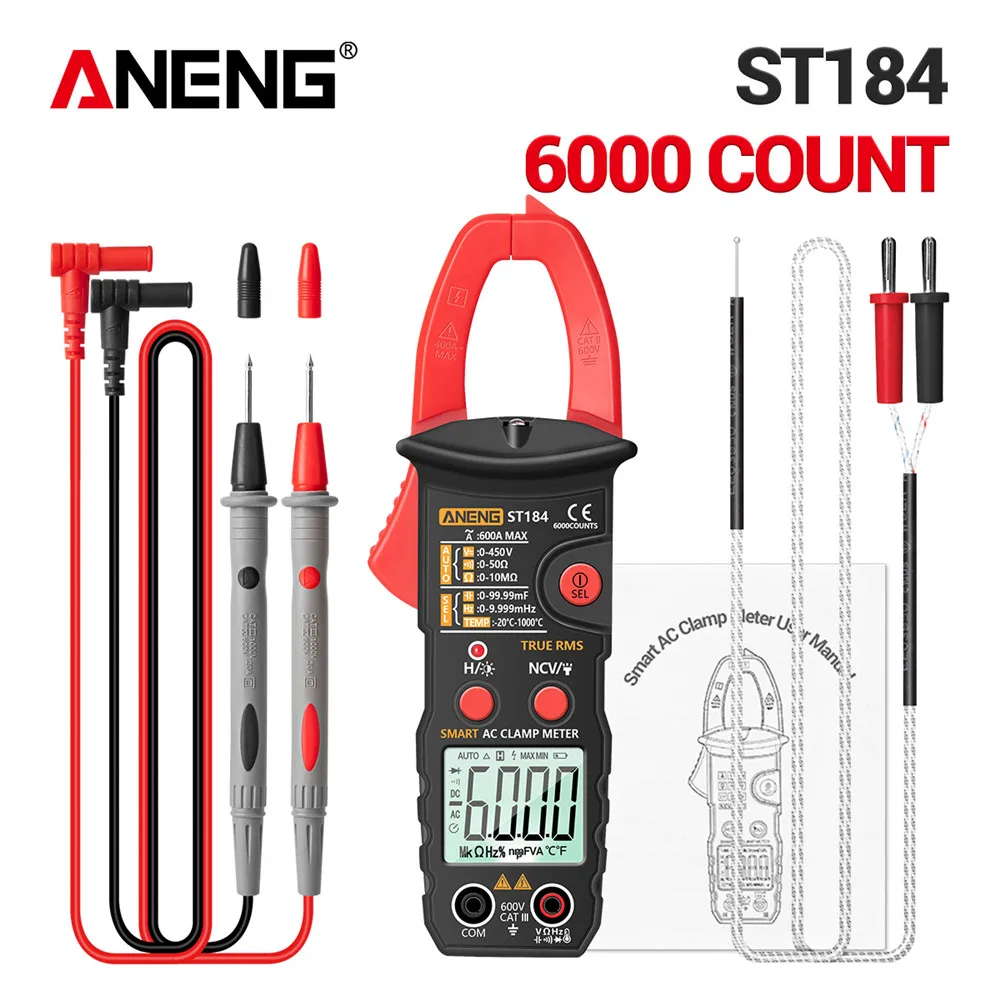 

ANENG ST184 180 Digital Clamp Multimeter Meter 6000 Counts Professional True RMS AC/DC Voltage Current Tester Hz Capacitance Ohm