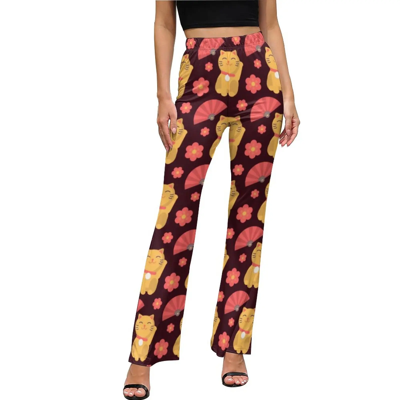 

Japanese Anime Casual Pants Autumn Cute Cats Print Elegant Print Flare Trousers High Waisted Slim Fit Stretch Street Style Pants