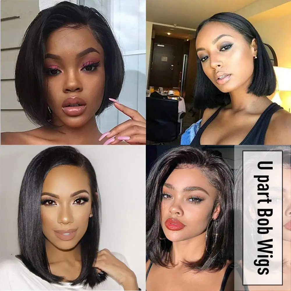 14 Inch Short U Part Bob Wig Brazilian Remy Human Hair Wigs For Black Women Glueless Pre Plucked Natural Hairline U Part Wigs