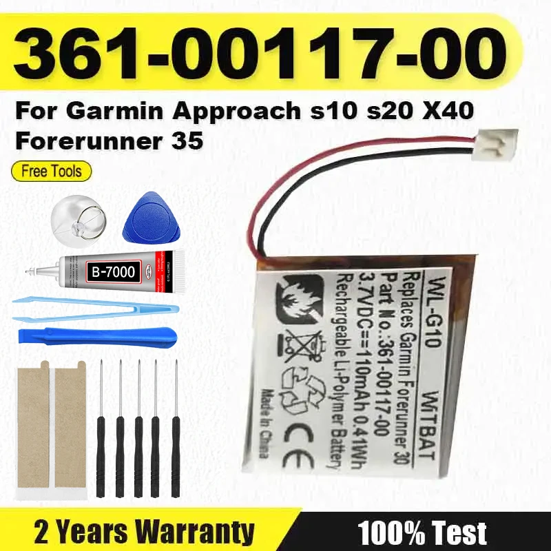 Фото Новая сменная батарея 361-00117-00 110 мАч для спортивных часов Garmin Approach S10 S20 X40, аккумулятор + бесплатные инструменты №1