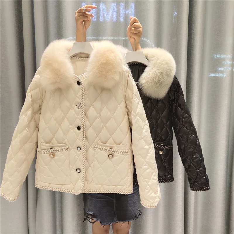 

jacket 2023 down winter new women's short diamond lattice slim small fragrance wind fur collar 90% white duck down jacket