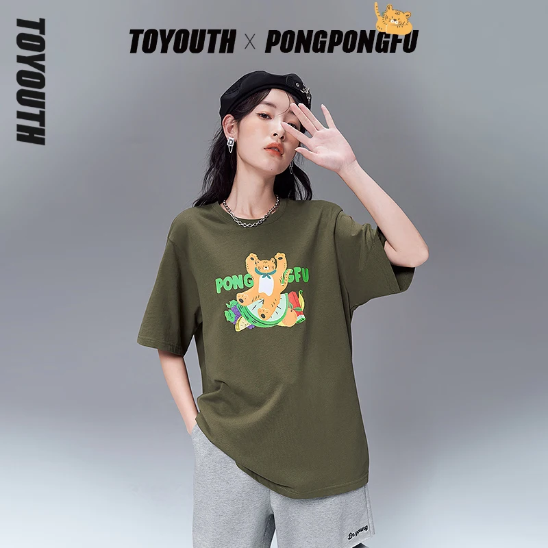 

Toyouth T-shirts Women 2022 Summer Short Sleeve O Neck Loose Tees Original Design Cartoon Tiger Print Pure Cotton Casual Tops