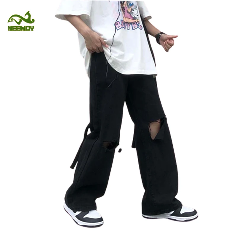 Neemoy 2022 New High Street Ripped Hole Jeans Oversize Men Fashion Loose Streetwear Straight Trouser Black Wide Leg Pants