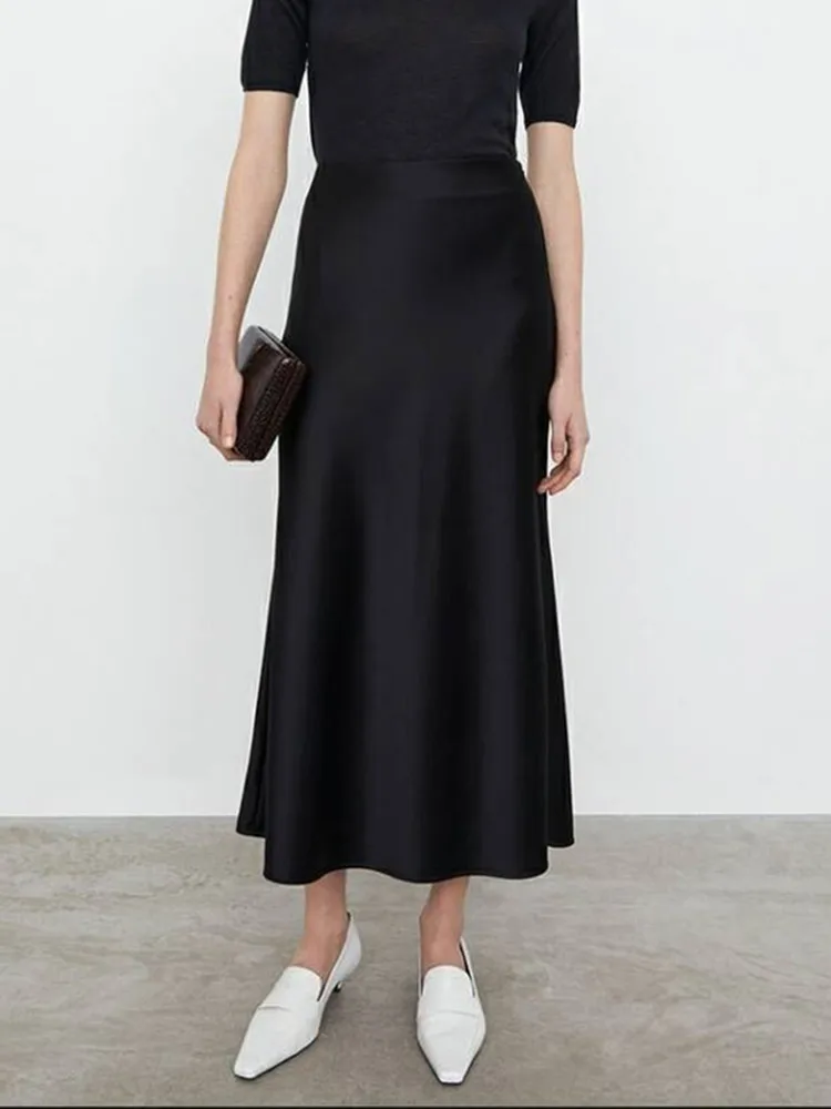 

Women Solid Color High Waist Pleated Slim Fit Simple Spring Autumn Midi Skirt