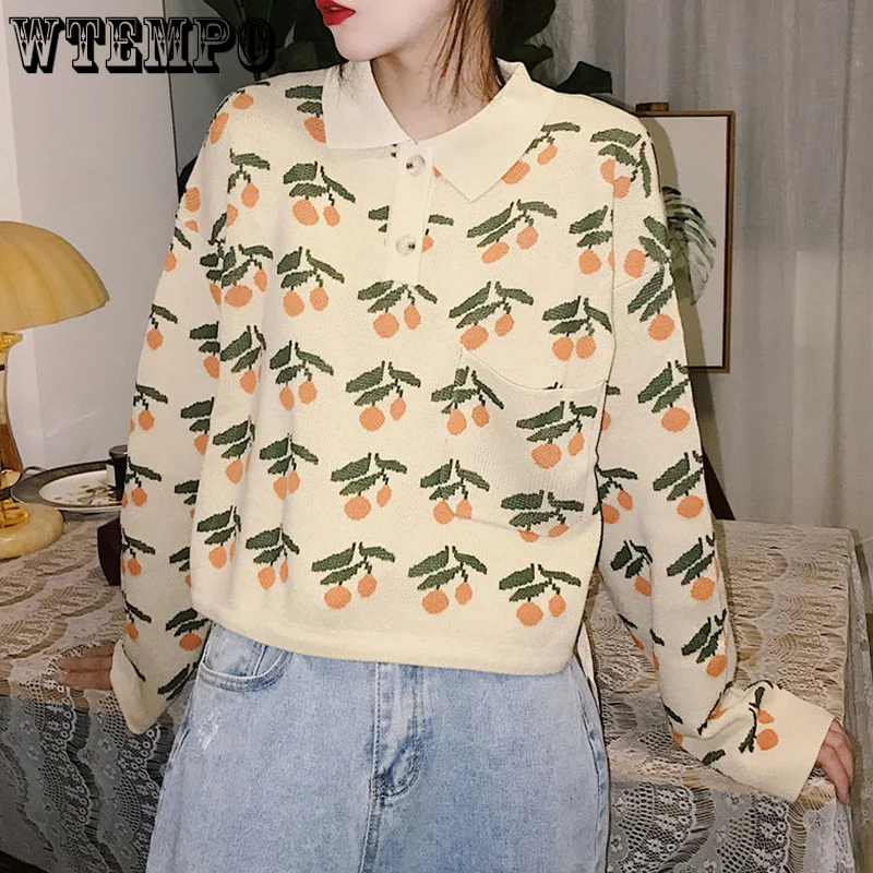 

Women's Sweater Cute Cherry Vintage Japanese Polo Pullover New Style Drawstring Simple Student Gentle Fashion Street Wear