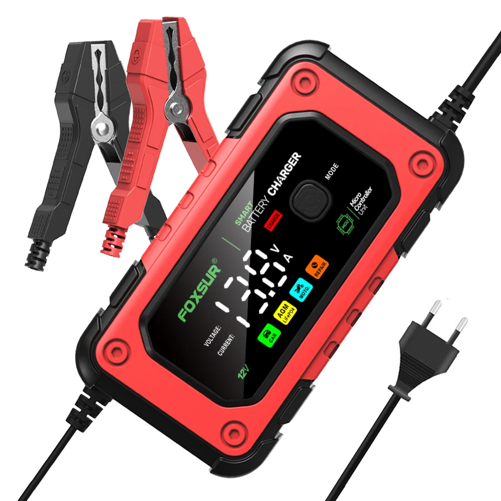 

Умное автомобильное зарядное устройство FOXSUR для 12V 7A AGM GEL LiFePO4 аккумуляторов, десульфатор, быстрая зарядка мотоцикла, техника для ремонта