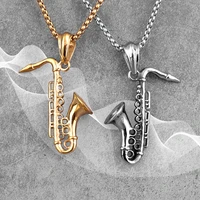 gold saxophone long men necklaces pendant chain punk cool for boyfriend male stainless steel jewelry creativity gift wholesale