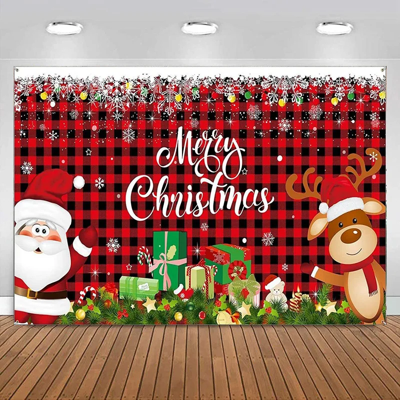 

Рождественский фон баннер с Санта Клаусом северным оленем оформление рождественских фотографий черно-красный, клетчатый узор