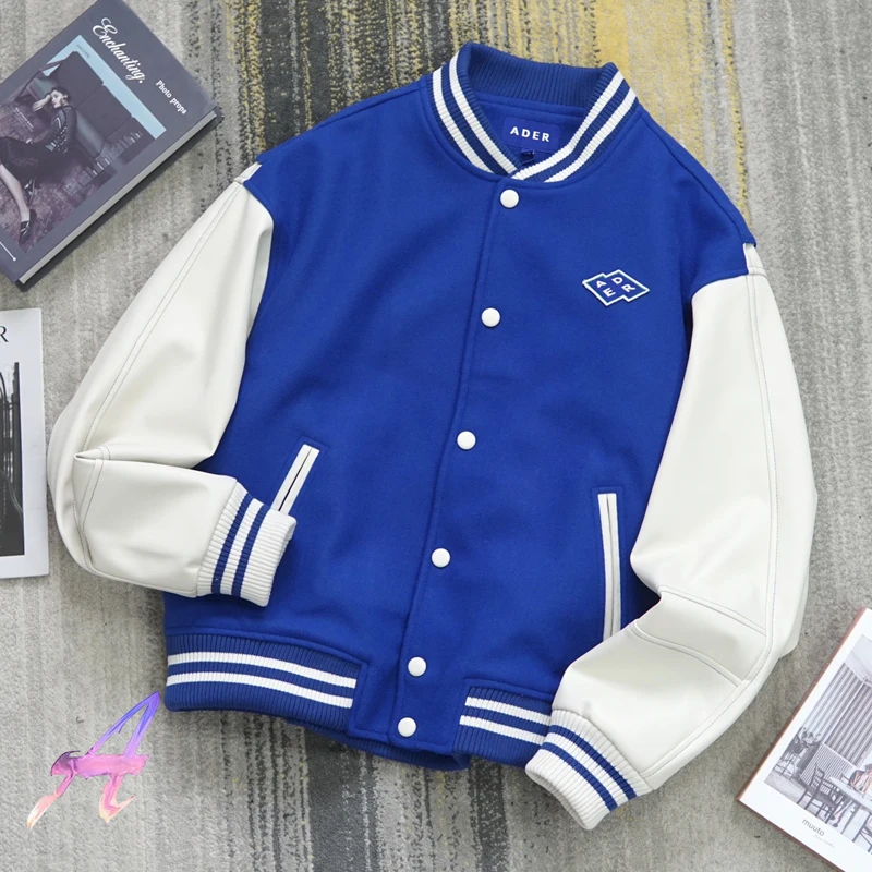 

Adererror Jacket Embroidered ADER Blue Green Color Baseball Uniform Men's Women's Leather Sleeve Woolen Coat