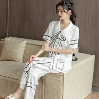 lisacmvpnel ice silk pajamas womens suit long sleeved fashion cardigan korean version can be worn outside sleepwear