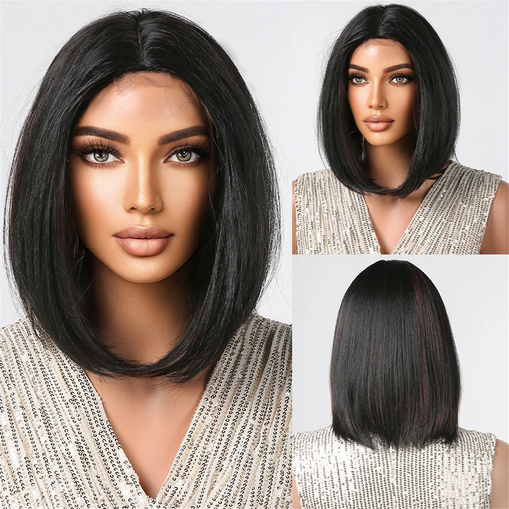 

Short Straight Lace Synthetic Wigs Dark Brown Black Bob Hairline Lace Hair Wigs for Women Daily Party Middle Part Heat Resistant