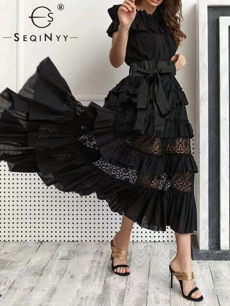 SEQINYY Party Midi Dress Summer Spring New Fashion Design Women Runway Lace Flower Spliced Ruffles A-Line Belt Casual Elegant