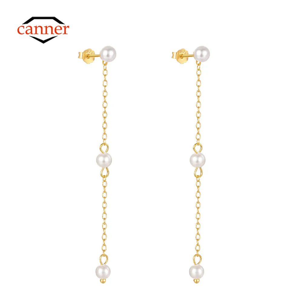 

CANNER Pearl Tassel 925 Sterling Silver Earring For Women Drop Earrings Cute Chain Fine Jewelry Wedding Party 18K Gold Kolczyki