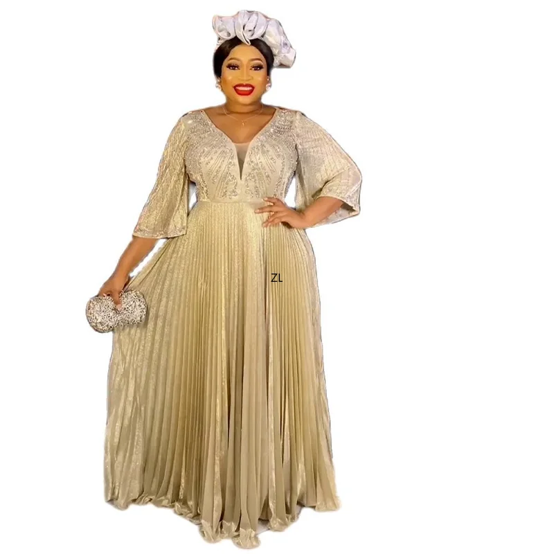 

African Wedding Party Dresses for Women Autumn African Half Sleeve V-neck Polyester Long Dress Muslim Abaya African Maxi Dress