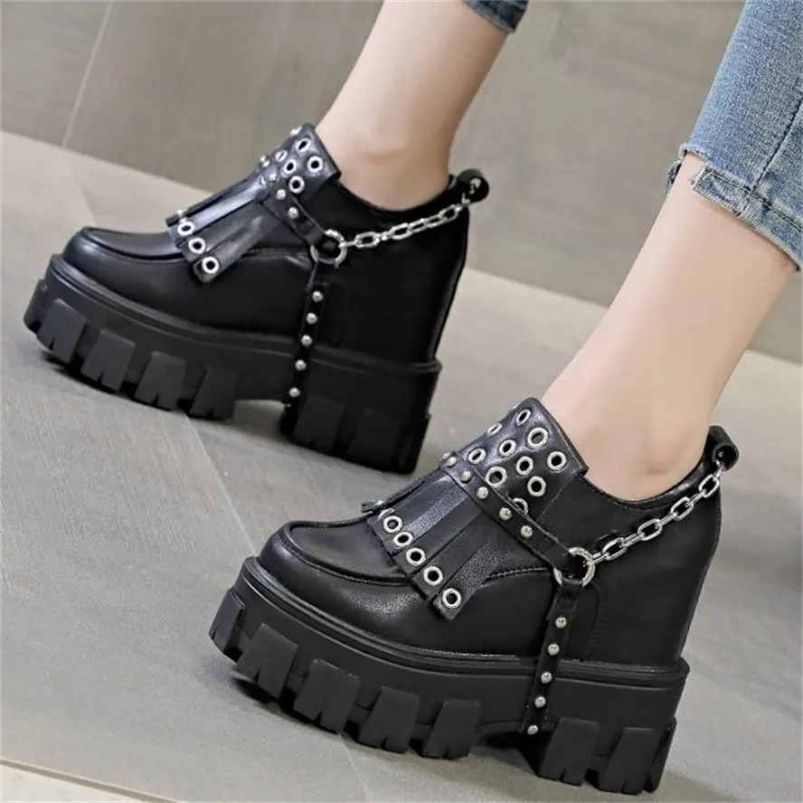 Height Increasing Punk Pumps Women's Cow Leather Round Toe Ankle Boots Tassel Rivets Buckle High Heels Creeper Oxfords Party Sho