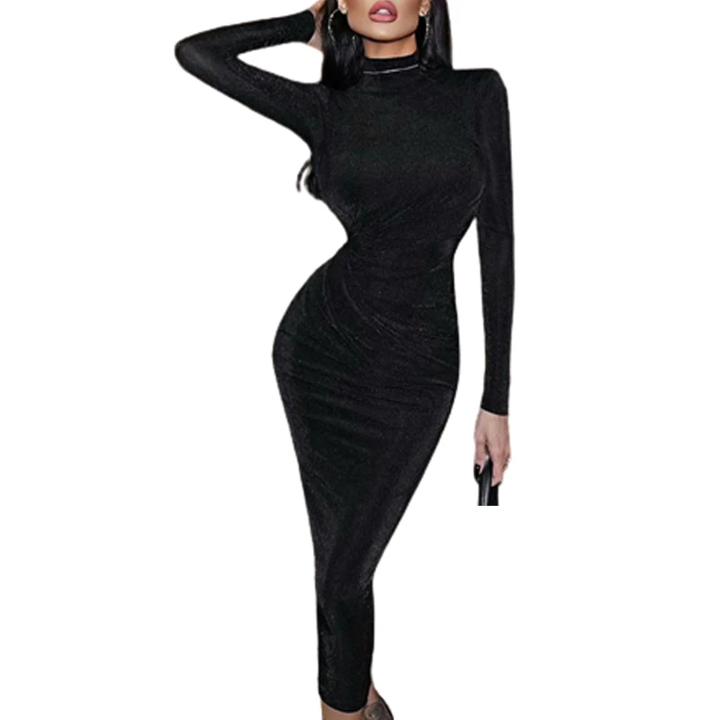 

Long Sleeve Turtleneck Slim Bodycon Dress For Women Casual Solid Color Sheath Long Dresses Streetwear High Strecth Robes Autumn