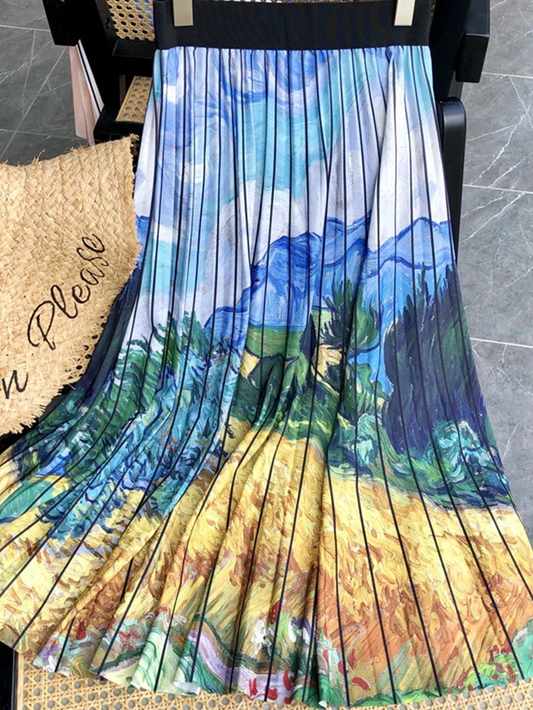 

SURMIITRO 2022 Korean Fashion Blue Animals Print Midi Long Pleated Skirt Women High Waist A Line Skirt Female