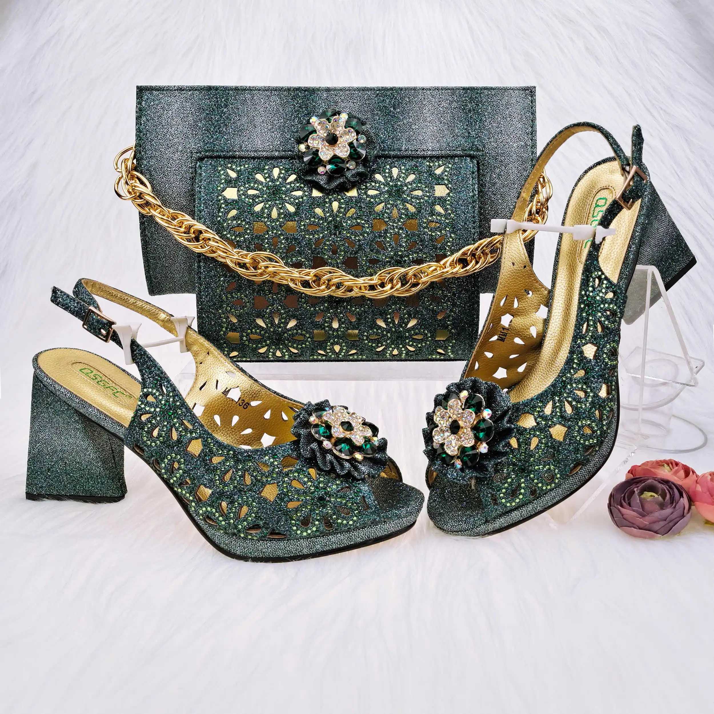 

2023 Sexy Style Pretty Women Shoes and Bag to Match in Green Color High Quality Slingbacks Super High Heels for Wedding Party