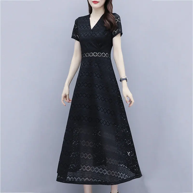 

Plus Size Chiffon Summer Dresses Women 2022 Fashion V-Neck Short-sleeve Hollow-out Zipper Slim Midi Dress Black/White Vestido