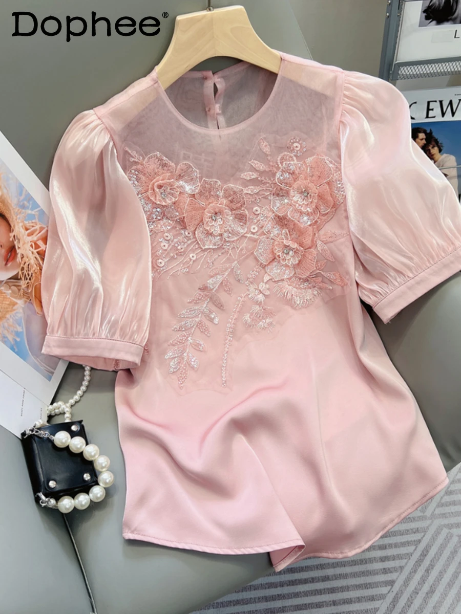 

Sweet Embroidery Sequins 3D Flower Mesh Puff Short Sleeve Tshirt Women Round Neck Loose Casual Satin Top 2022 New Summer T Shirt