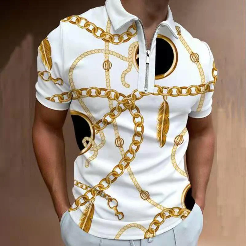 

Summer High Quality Men Polo Shirts High Street Print Casual Short Sleeve Mens Shirts Turn-Down Collar Zipper Polo Shirt Men