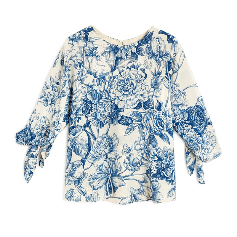 

T-shirt Women 100% Silk Printed Vintage Design O Neck Lace-up Three-quarter Sleeves Ladies Plus Sizes Top Ladies New Fashion