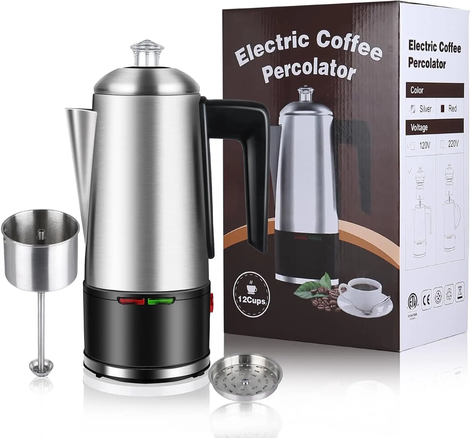 

Percolator 12 CUPS Percolator Coffee Pot, 800W Percolator Coffee Maker Stainless Steel with Clear Knob Cool-touch Handle, Silver
