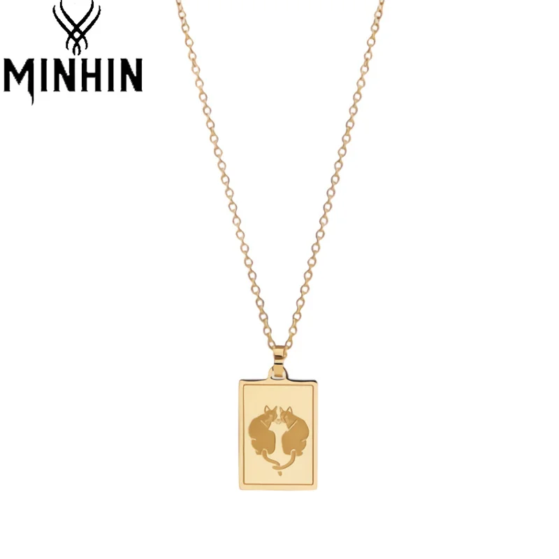 

MINHIN Cat Engraved Chain Necklaces for Women Men Square Gold Color Pendant Necklace Punk Geometric Animal Zodiac Link Choker