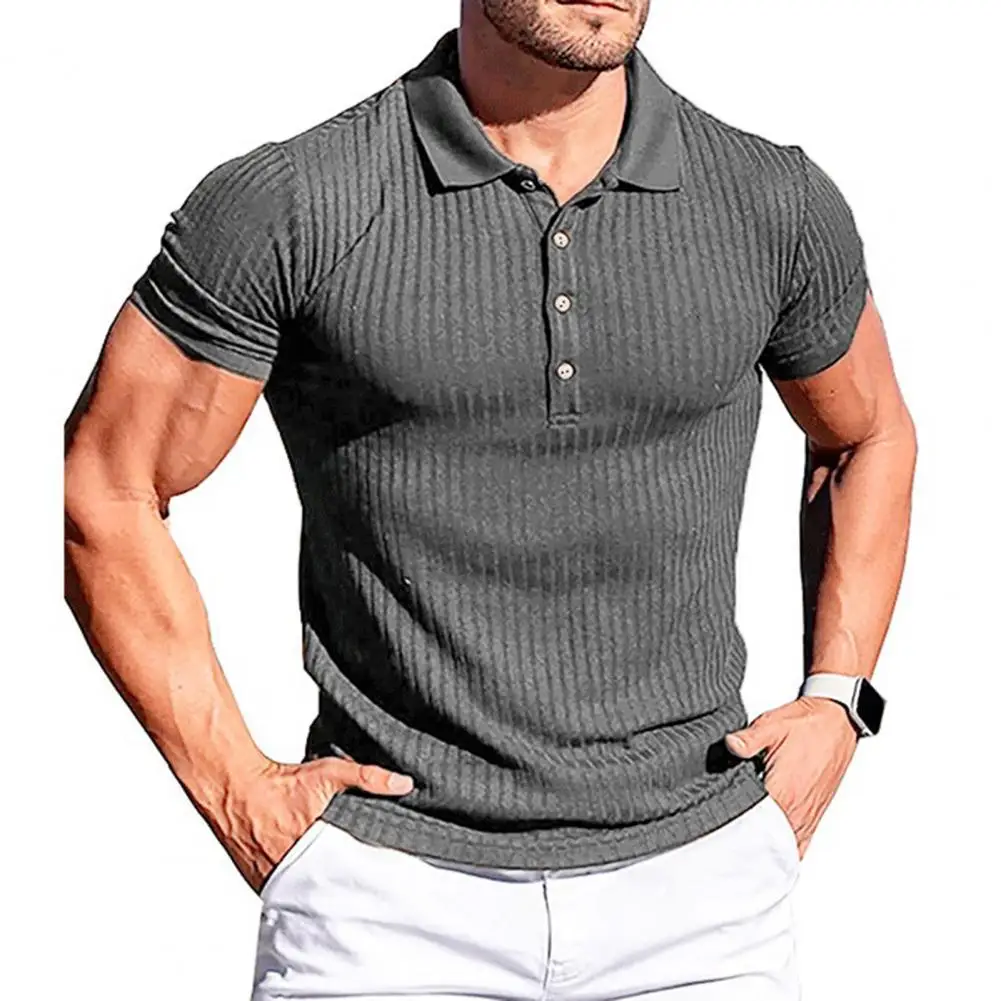 

Men Polo T-Shirt Tops Turn-Down Collar Short Sleeve Summer T-shirt Vertical Striped Buttons Neck Streetwear футболка оверсайз