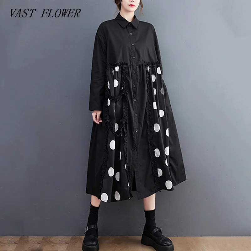 long sleeve oversized cotton vintage Polka Dot dresses for women casual loose spring autumn shirt dress elegant clothing 2022