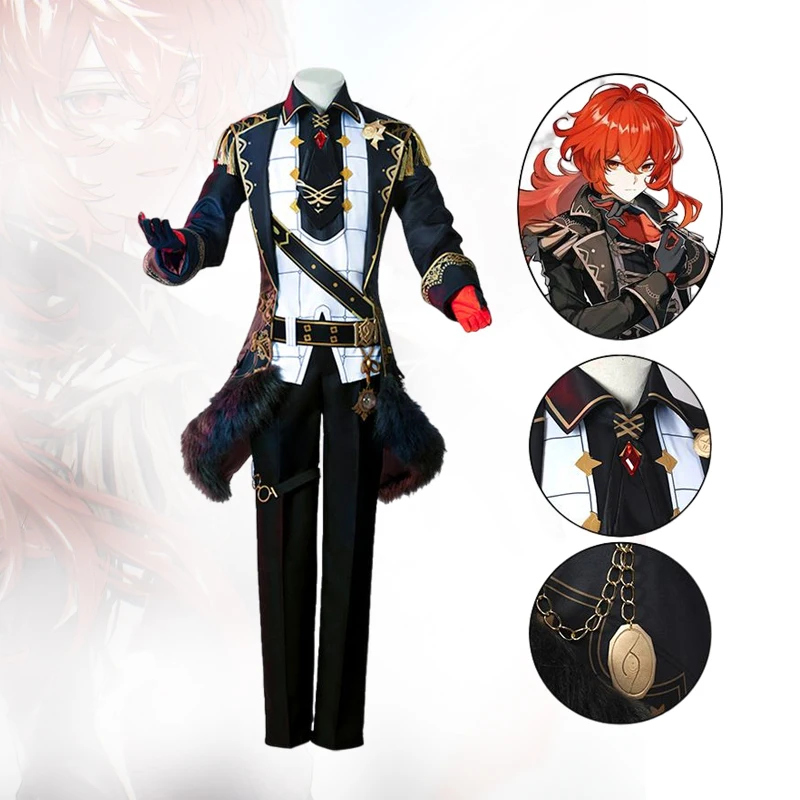 

Game Genshin Impact Cosplay Mondstadt Diluc Anime Same Suit Cosplay Costume Wig Men's Full Set Of Game Role-playing Costume Gift