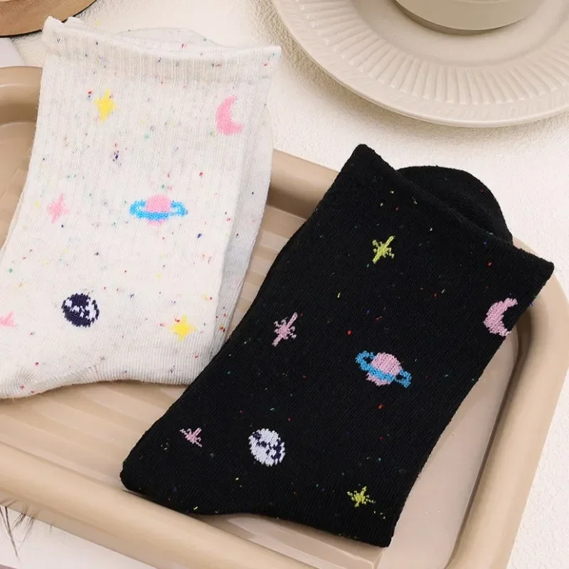 Хлопковые носки с камелией и теленком женские со звездами лунным принтом средние