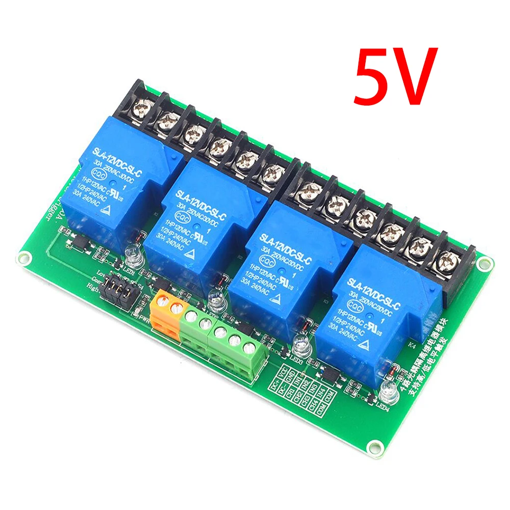 

Релейный модуль постоянного тока 5 В/12 В/24 В, 4 канала, 30 А, релейный модуль высокого и низкого уровня, триггерный релейный модуль для домашнего ПЛК, интеллектуальное управление