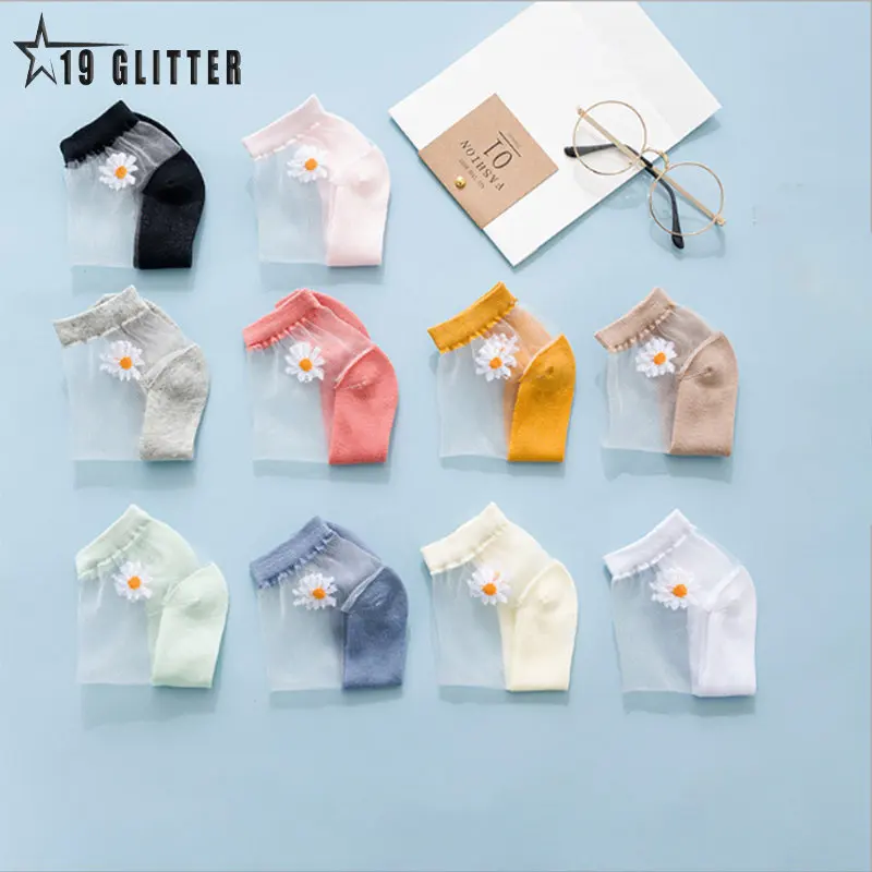 

2021New Summer fashion Women Ankle Socks Transparent Daisy Embroidery Lace Silk Short Socks women pack cute sets