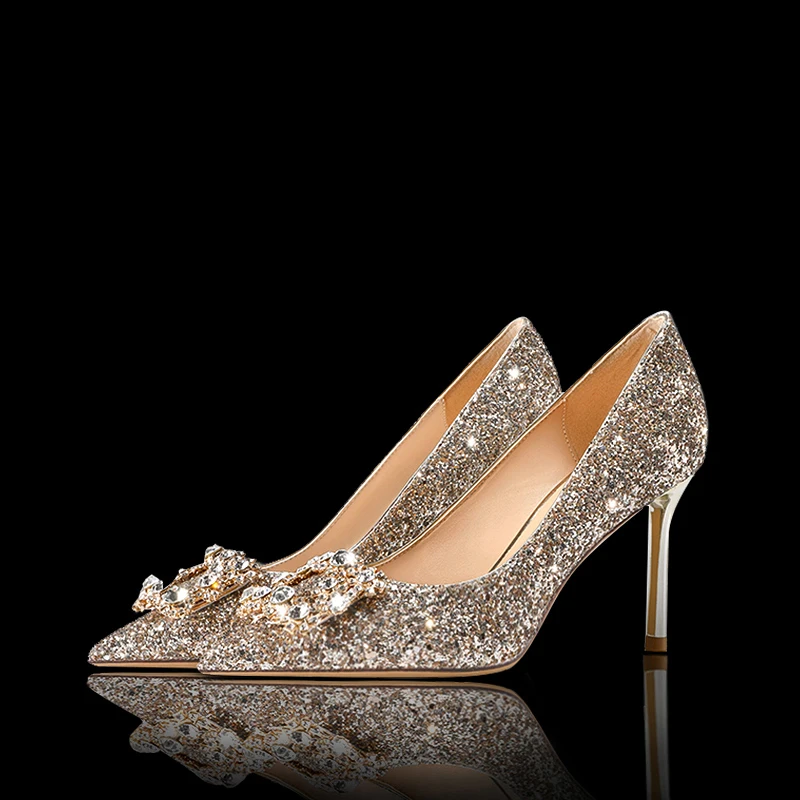 

Свадебные туфли, новинка 2023, свадебные туфли для подружки невесты, свадебные туфли с кристаллами, туфли на тонком квадратном каблуке с пряжкой, искусственный цвет шампанского, высокий каблук