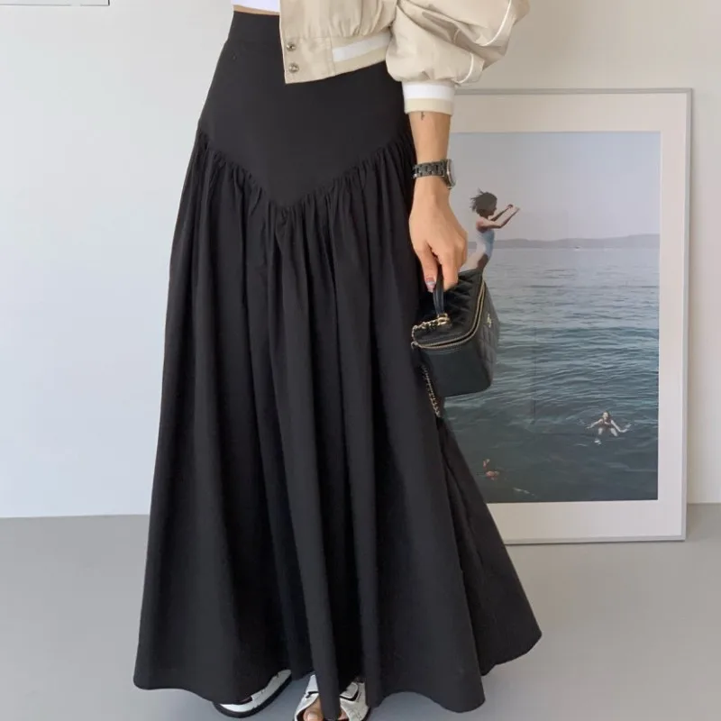 

Женская длинная юбка с высокой талией, повседневная трапециевидная юбка с рюшами, модель 2023 в Корейском стиле на лето