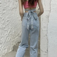 ladies jeans high waist 2022 new fashion retro flared pants loose casual cross straps bowknot wide leg pant womens street pants