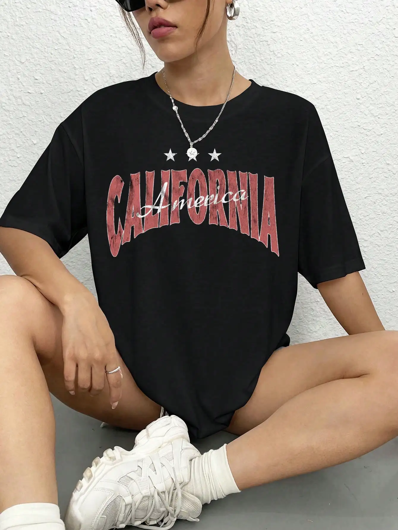 

California America Letter Print Woman Cotton T-Shirts All-math Trend Tops Oversize Breathable Casual Clothes Female Short Sleeve