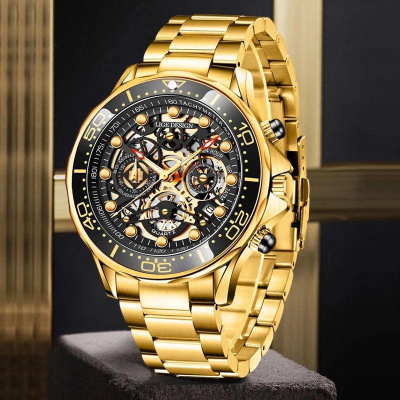 

Mens Watches Fashion All Gold Top Brand Luxury Stainless Steel Quartz Watch For Men Waterproof Sport Clock Male Chronograph