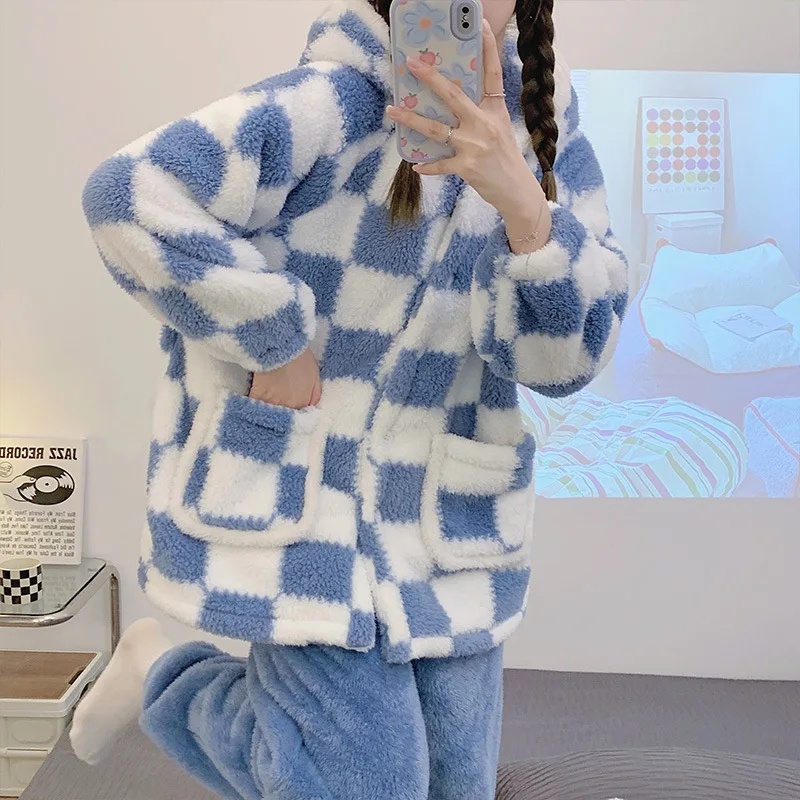 Yasuk Winter Women Girl Casual Warm Soft Hooded Sleepwear Pajamas With Pant Velvet Fleecel Cute Thick Pocket Plaid Simple