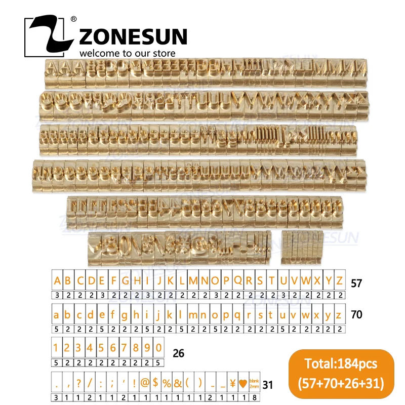

ZONESUN 184Pcs Custom Logo Brass Alphabet Letter Stamps Set Hot Foil Stamping Machine Number Symbols 10cm T slot Letter Stamp