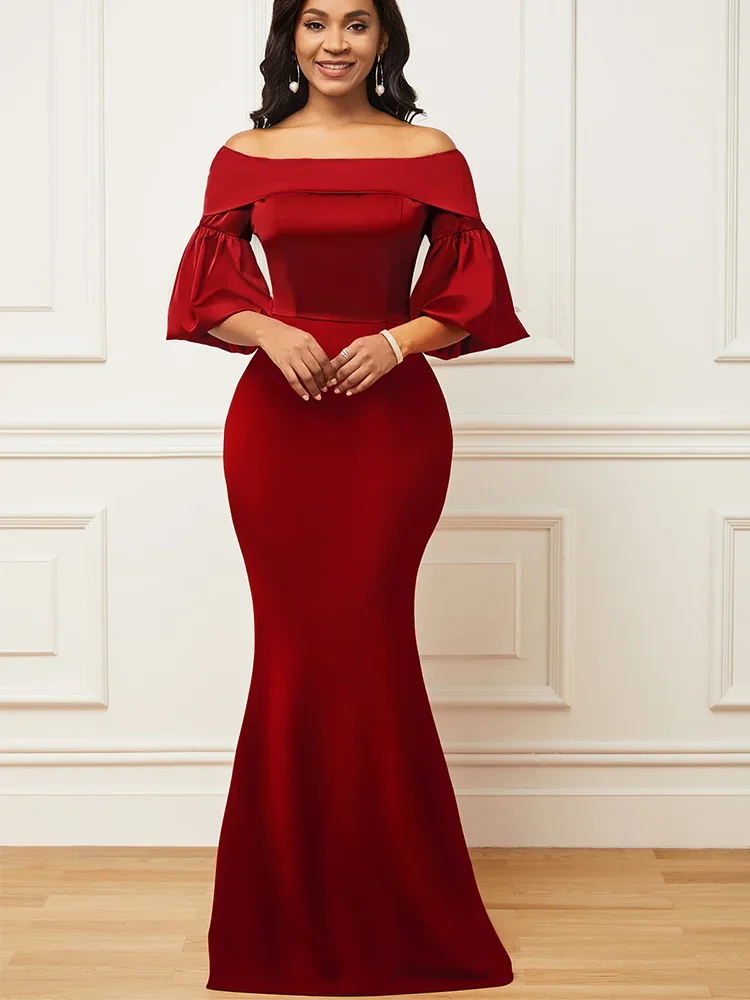 

2023 Summer Dresses for Women Fashion Solid Off Shoulder Ruffle Sleeve Evening Dress Vestidos De Mujer Elegant Maxi Robe Female