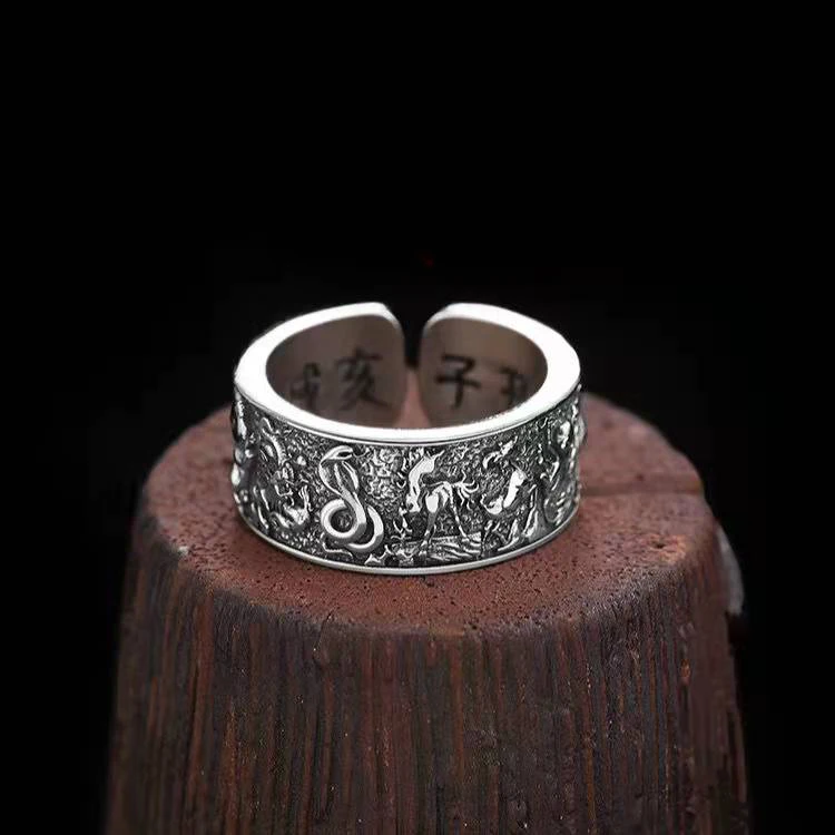 

National Tide Zodiac Stereo Embossed Ring Male Opening Adjustable Retro Black Trendy Personality Single Gift Accessories