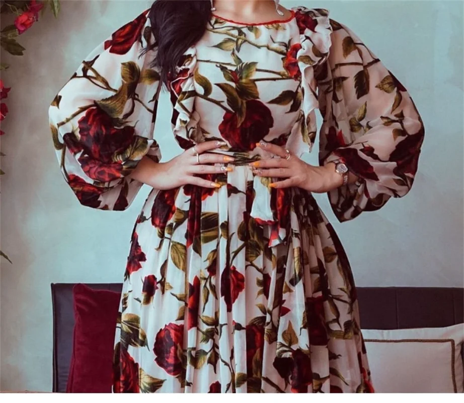 Muslim Dress Women Elegant Casual Rose Print Ruffle Trim O-Neck Lantern Sleeve Bohemia Party Long Dresses Ramadan Abaya New