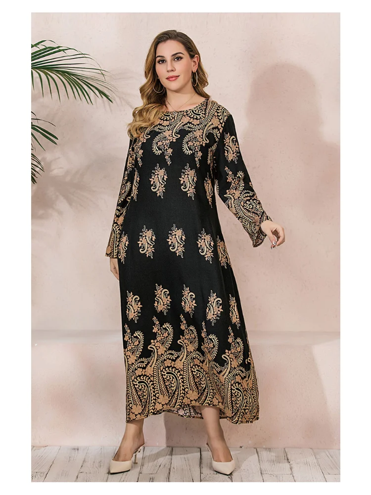 Middle East new large size long sleeve dress women's spring and autumn cashew nut print loose and slim skirt plus size dresses
